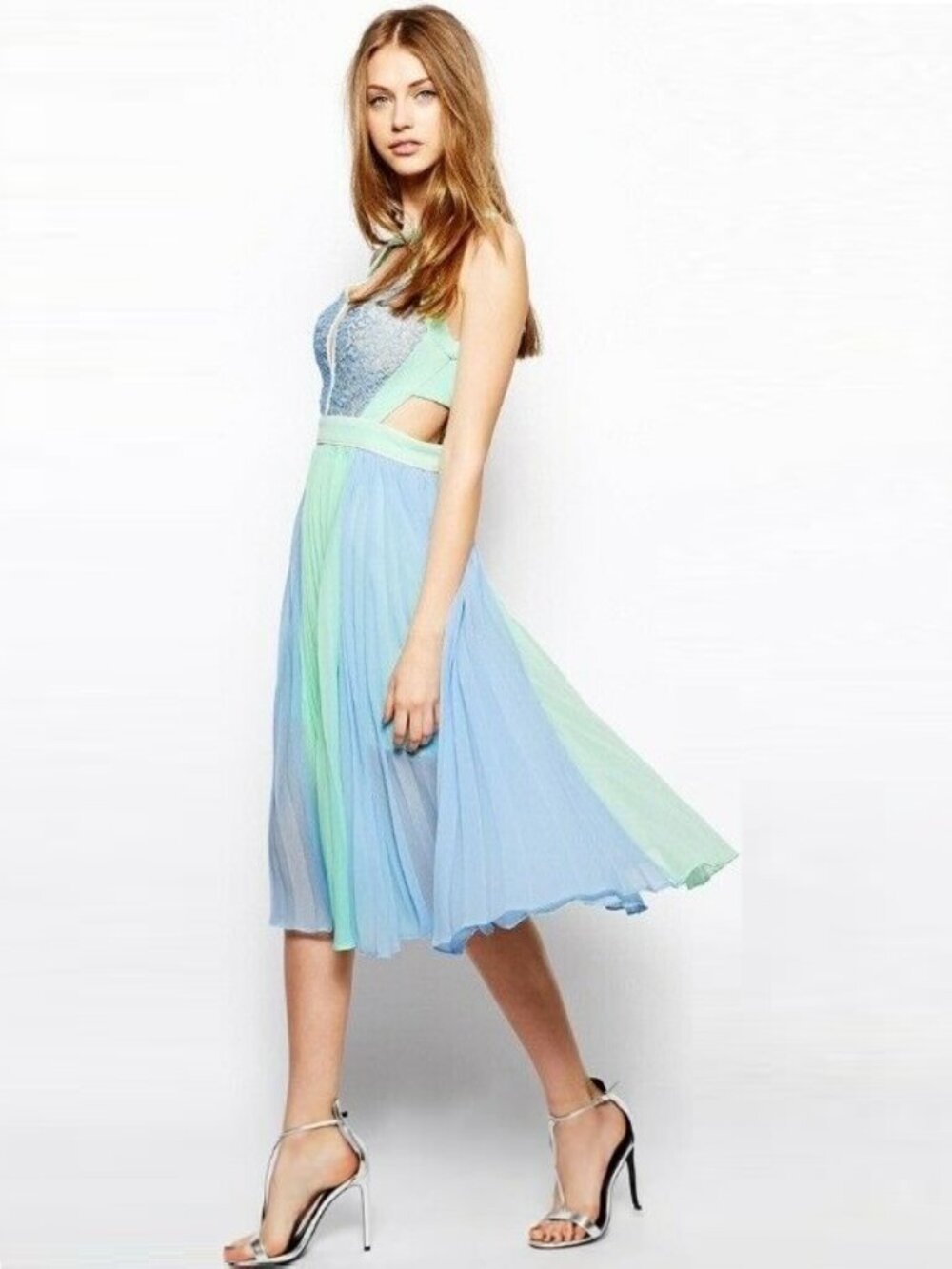Lace Bodice  Pleated Color Block Skirted Green Blue Cocktail Prom Dress